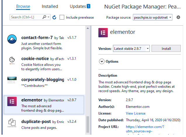 WpDotNet NugGet Feed in VS